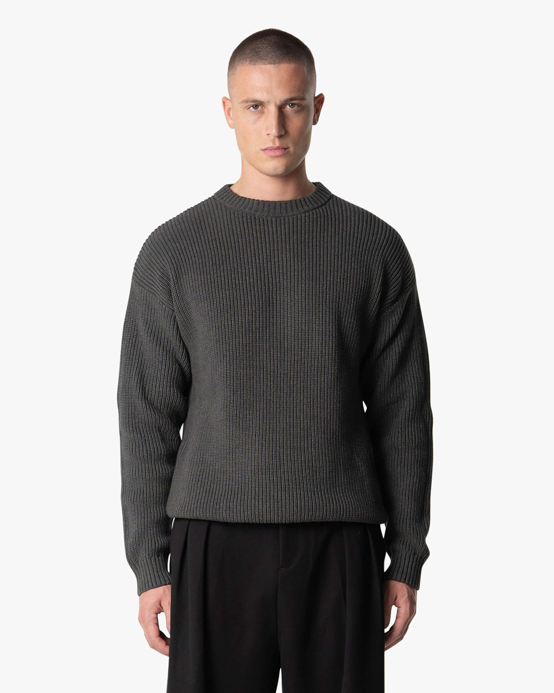 Naval Knitted Cotton Sweater | Dark Grey